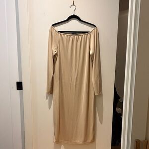 Boohoo Cream Long Sleeve Off-Shoulder Dress
